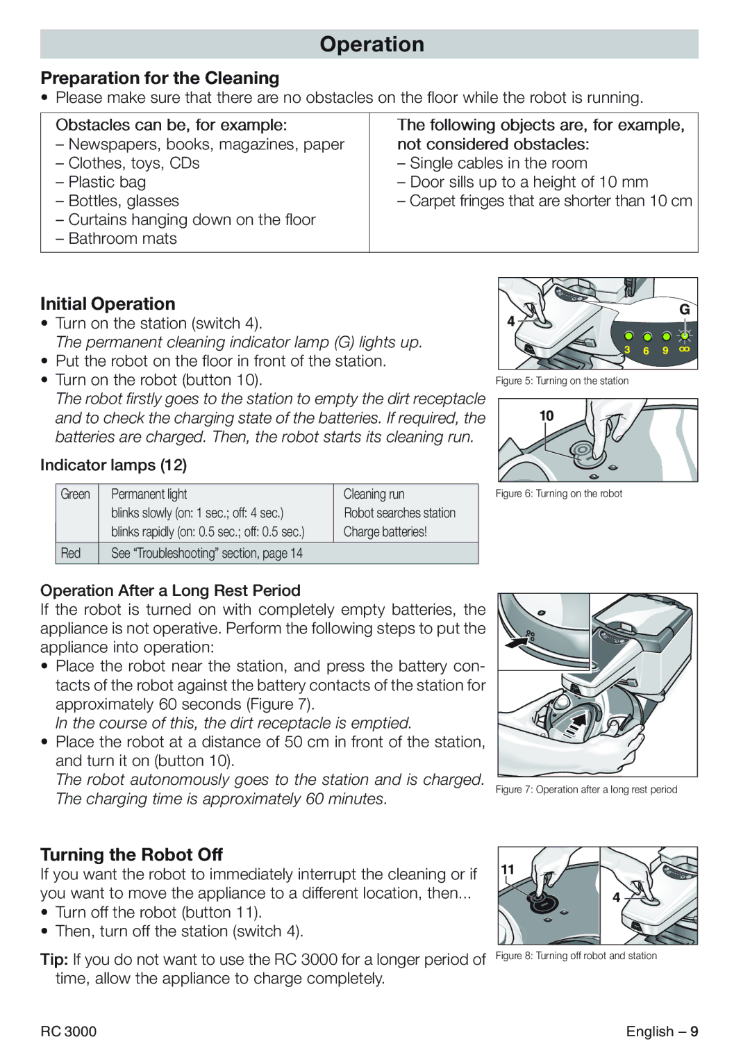 Karcher RC 3000 manual Initial Operation, Turning the Robot Off, Curtains hanging down on the floor Bathroom mats 