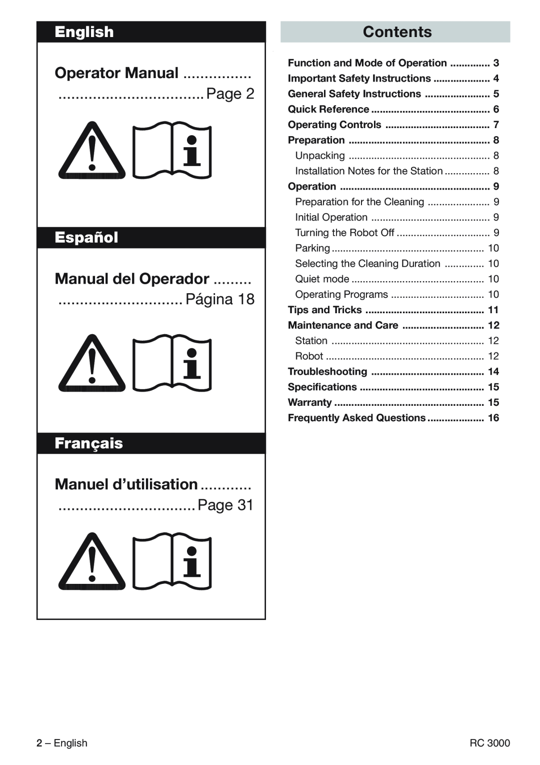 Karcher RC 3000 manual English, Operator Manual, Page, Español, Manual del Operador, Página, Français, Manuel d’utilisation 
