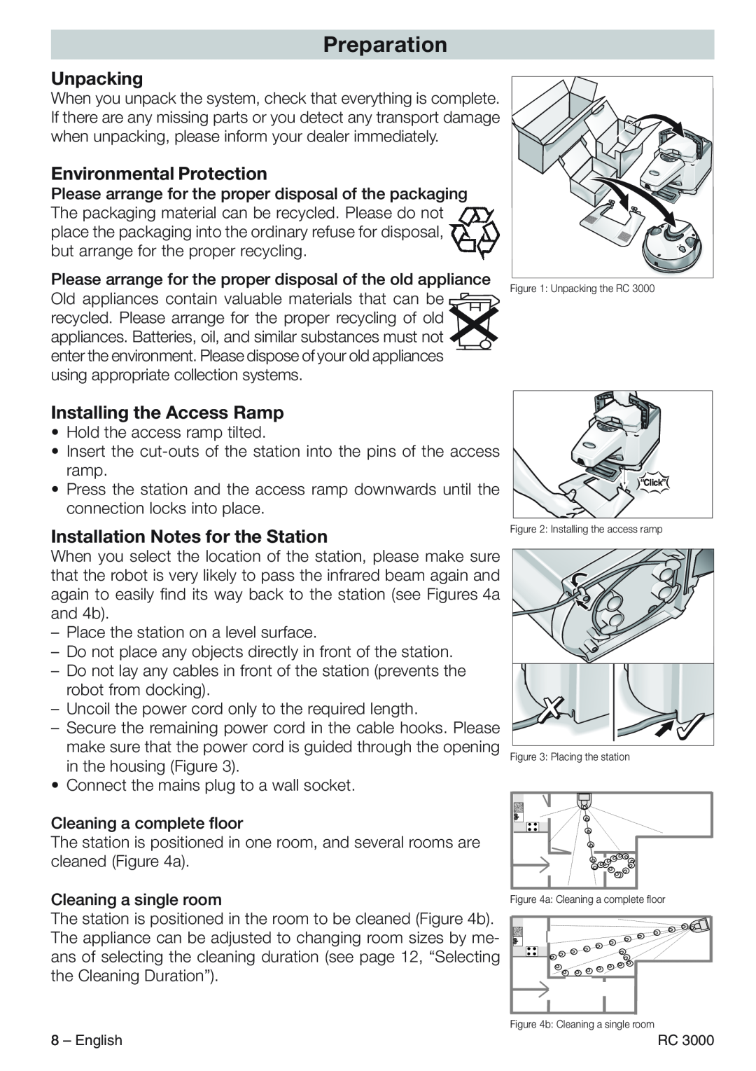 Karcher RC 3000 manual Preparation, Unpacking, Environmental Protection, Installing the Access Ramp 