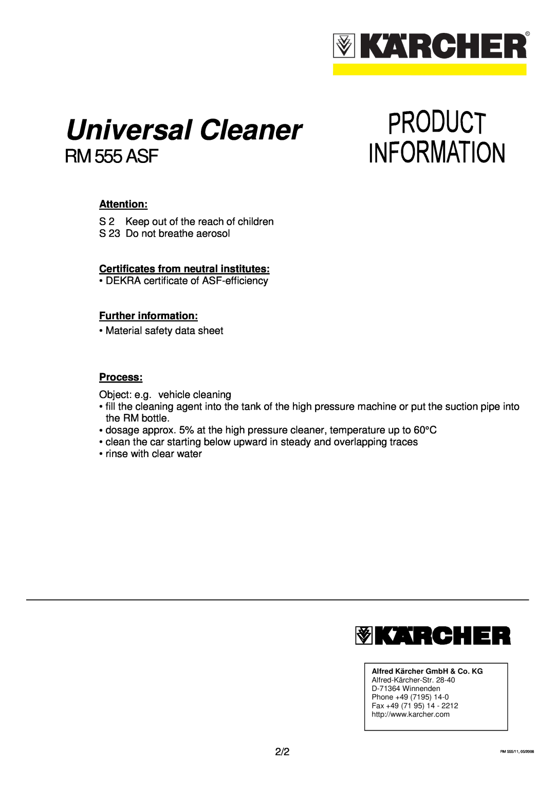 Karcher RM 555 ASF manual Certificates from neutral institutes, Further information, Process, Universal Cleaner 