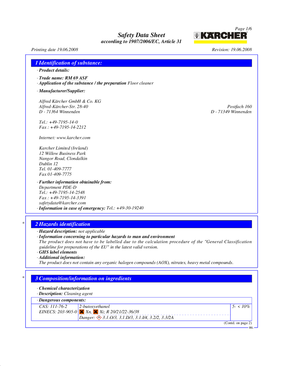 Karcher RM 69 ASF manual Identification of substance, Hazards identification, Composition/information on ingredients 