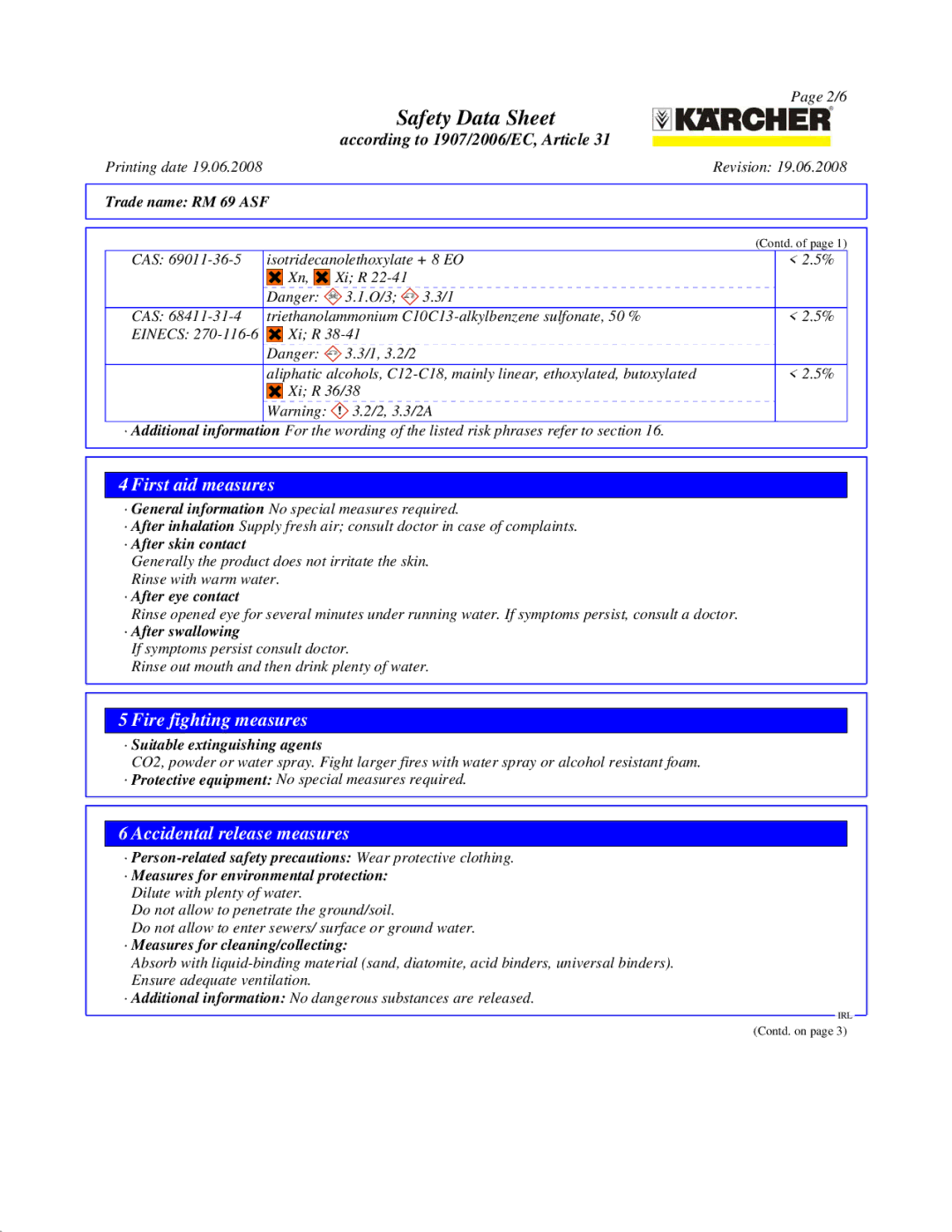 Karcher RM 69 ASF manual First aid measures, Fire fighting measures, Accidental release measures 