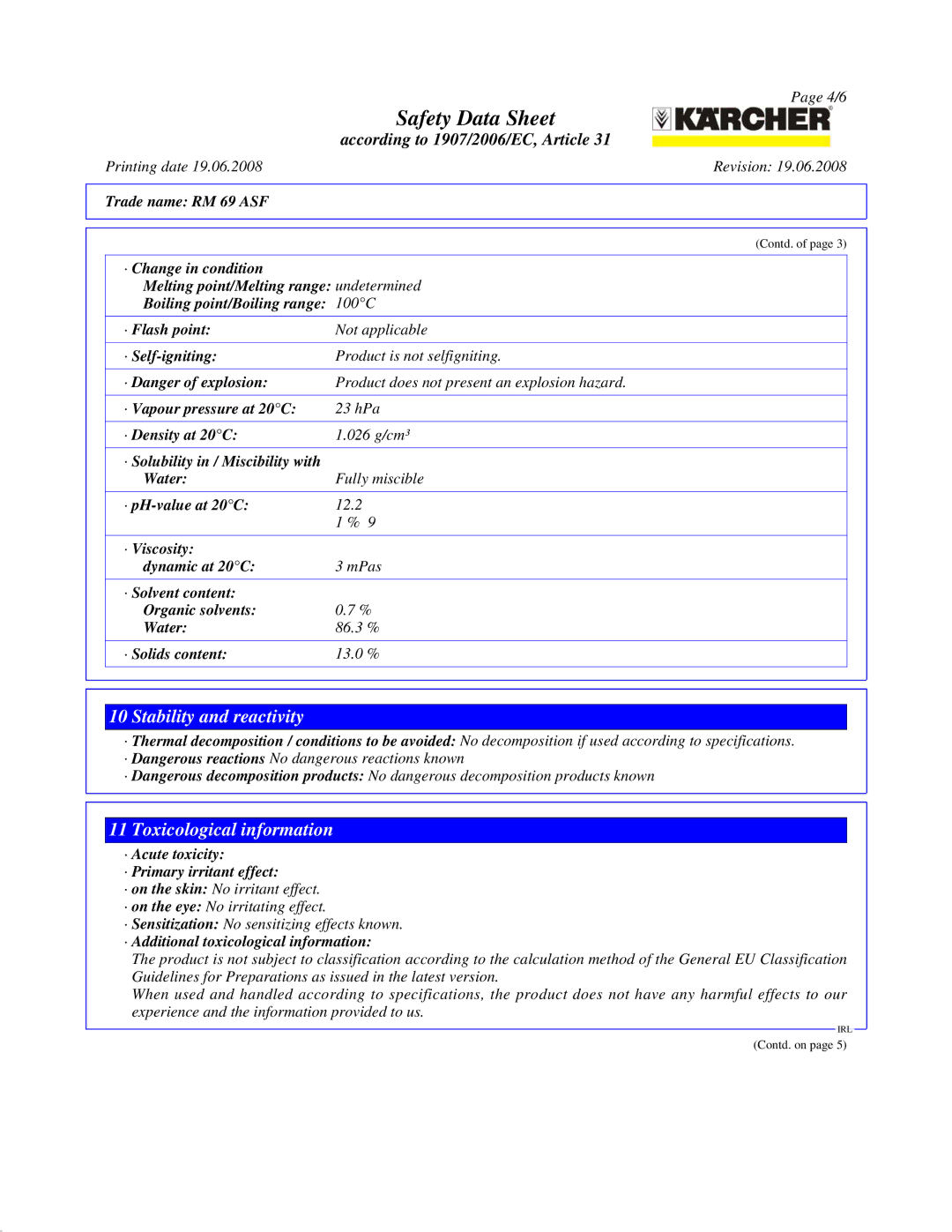 Karcher RM 69 ASF manual Stability and reactivity, Toxicological information 