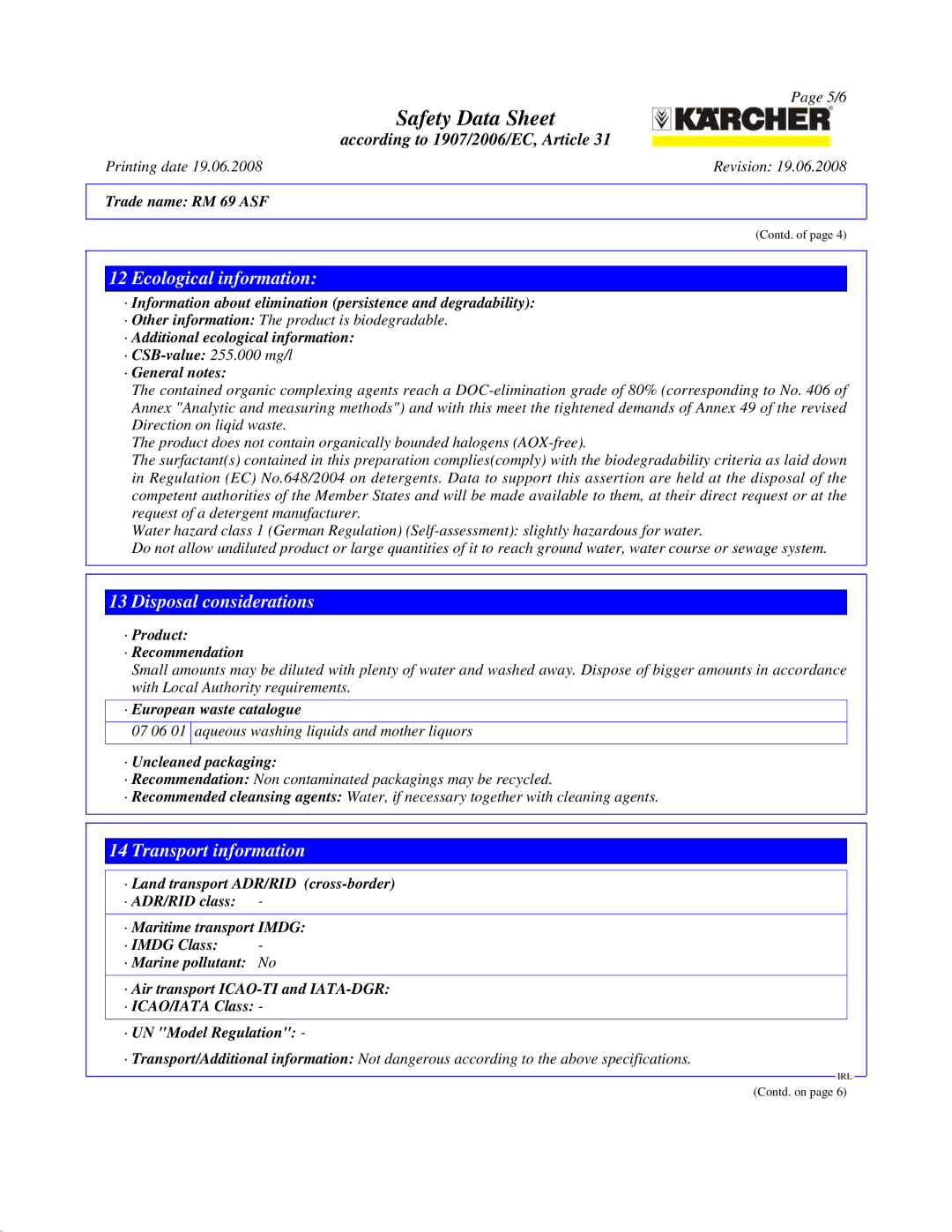 Karcher RM 69 ASF manual Ecological information, Disposal considerations, Transport information 