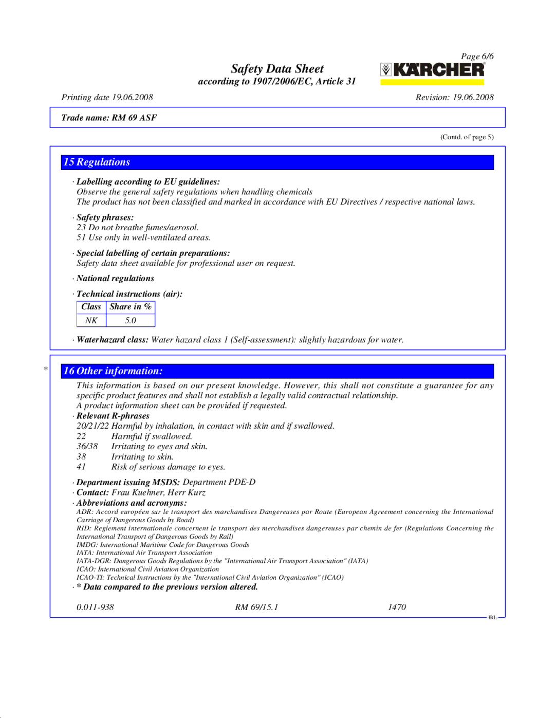 Karcher RM 69 ASF manual Regulations, Other information 