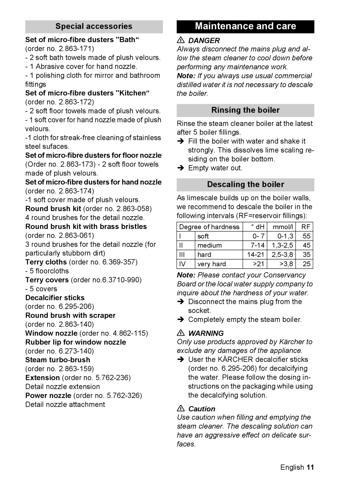 Karcher SC 1122 manual Maintenance and care, Special accessories, Rinsing the boiler, Descaling the boiler 