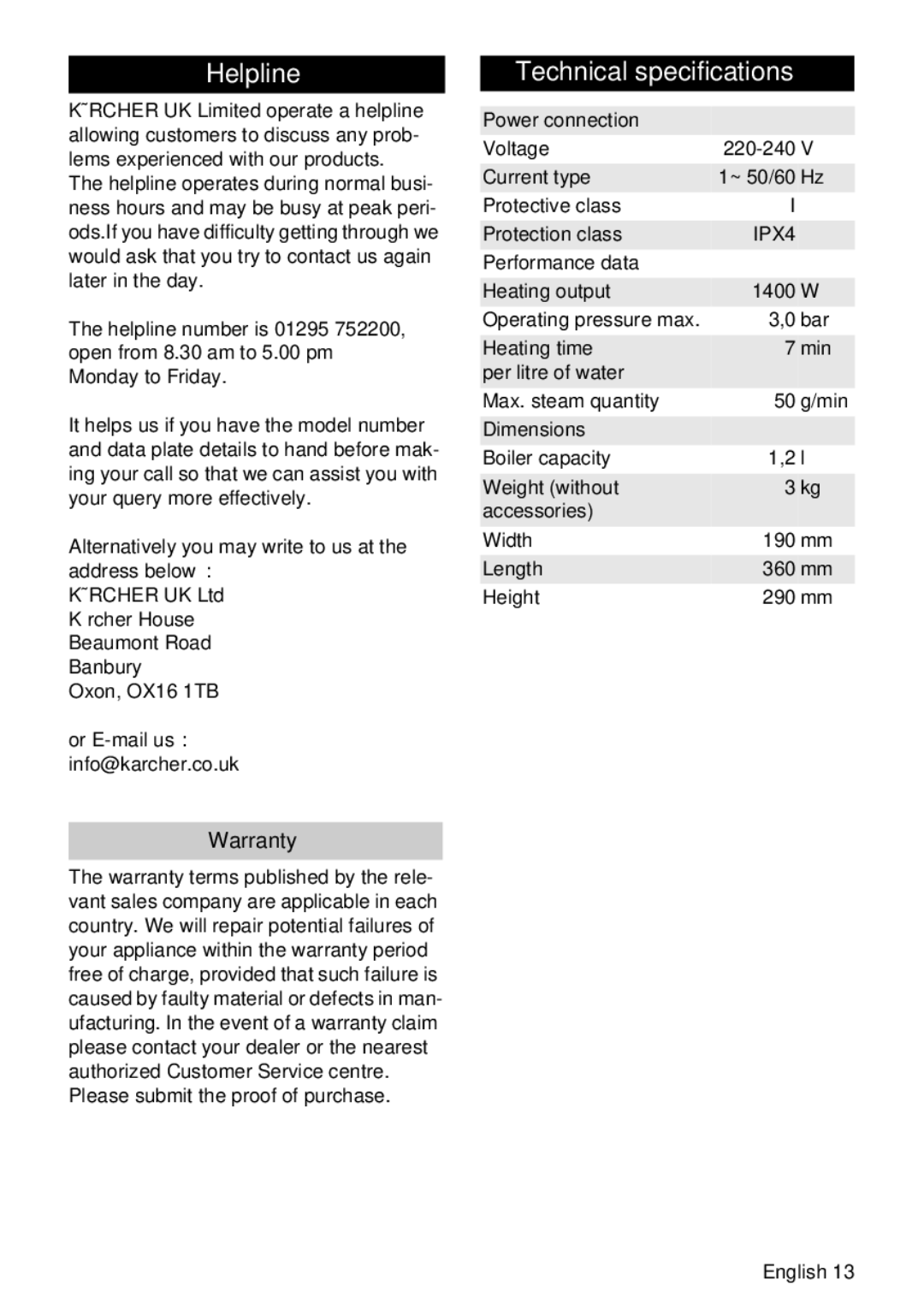 Karcher SC 1122 manual Helpline, Technical specifications, Warranty 