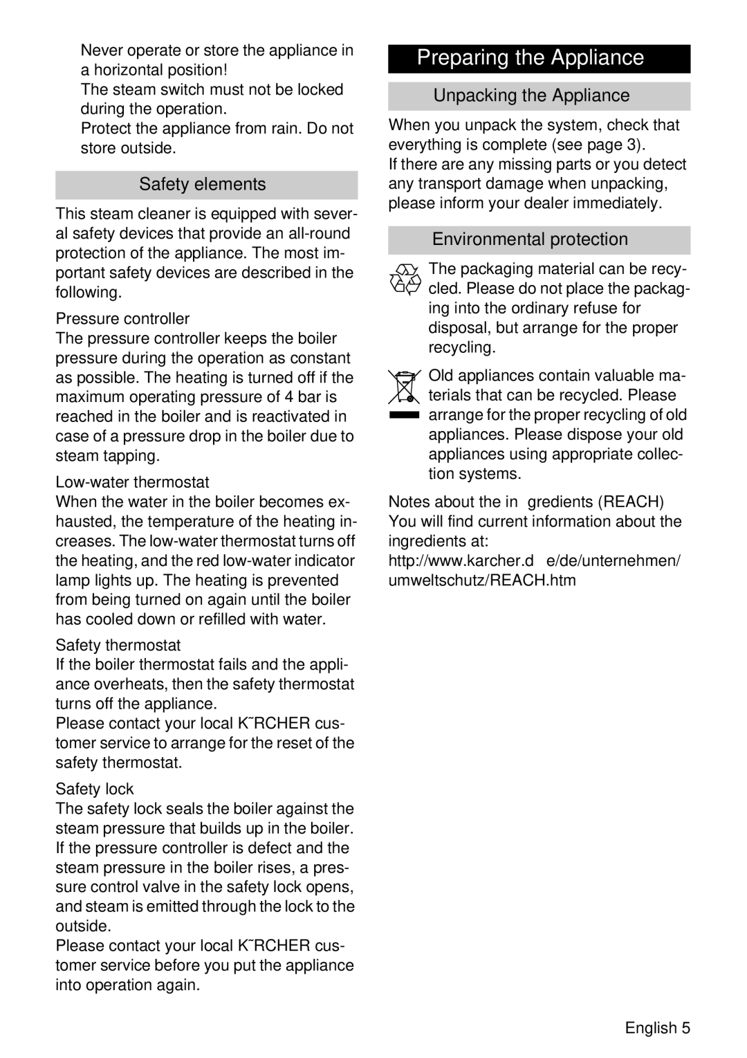 Karcher SC 1122 manual Preparing the Appliance, Safety elements, Unpacking the Appliance, Environmental protection 