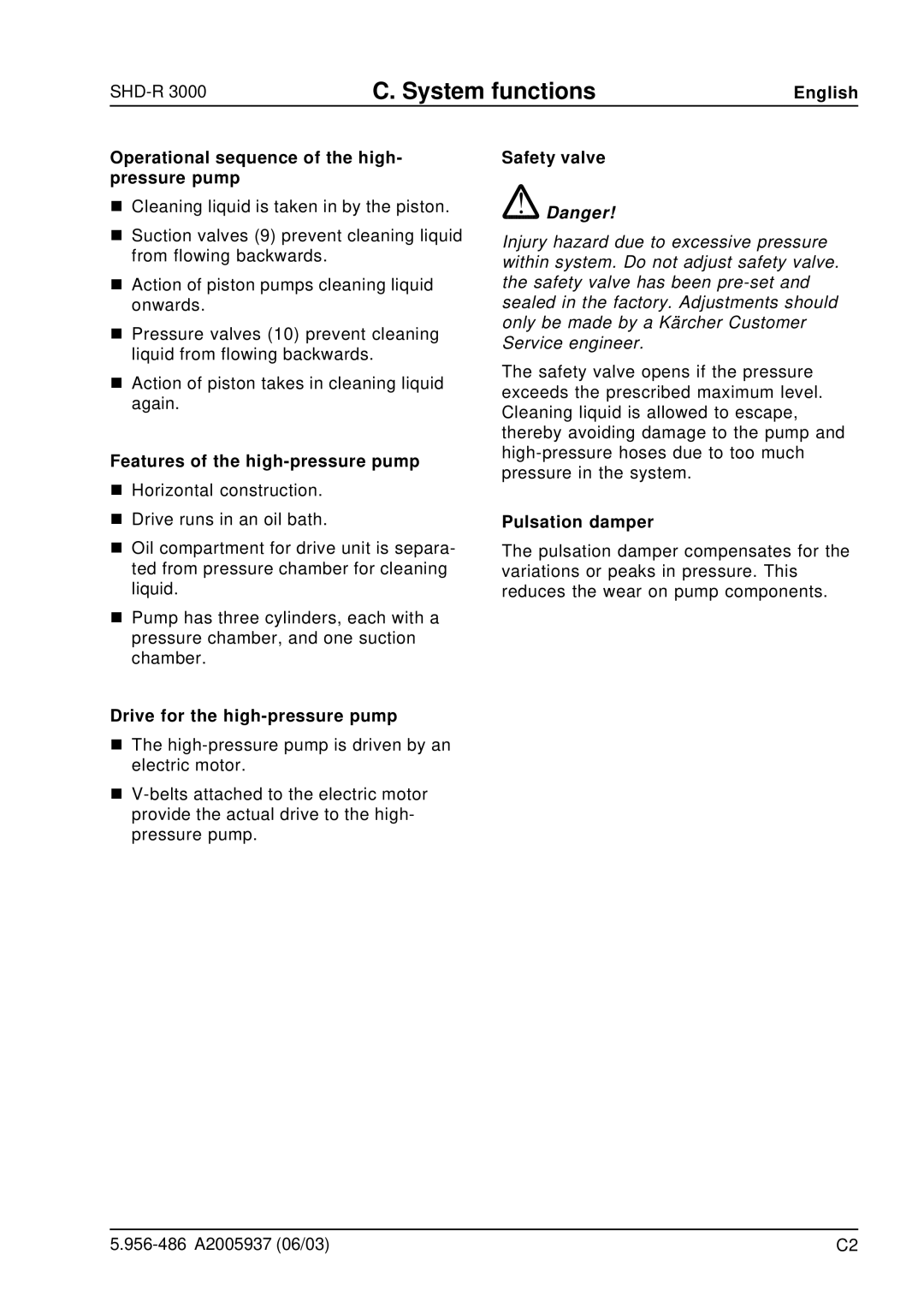 Karcher SHD-R 3000 Operational sequence of the high- pressure pump, Features of the high-pressure pump, Pulsation damper 