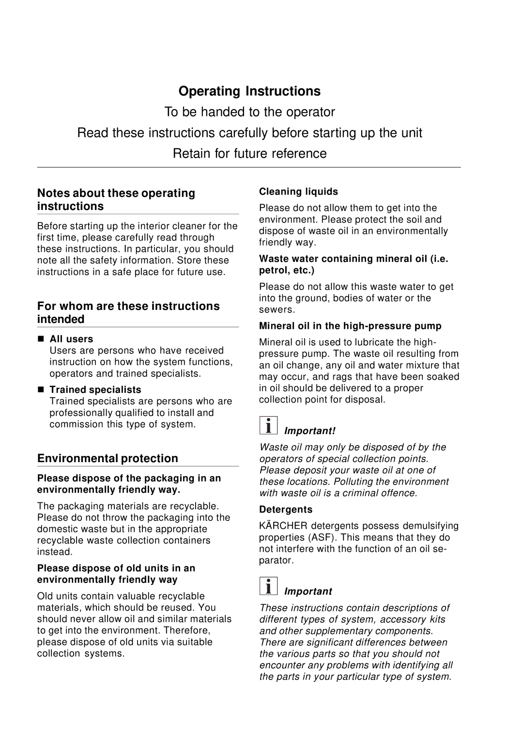 Karcher SHD-R 3000 manual Operating Instructions, For whom are these instructions intended, Environmental protection 