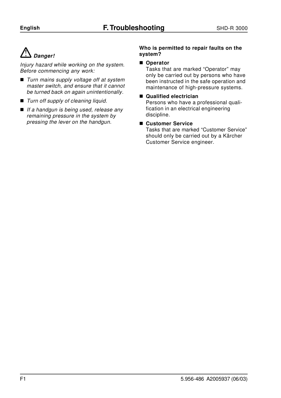 Karcher SHD-R 3000 Troubleshooting, Who is permitted to repair faults on the system? „ Operator, „ Qualified electrician 