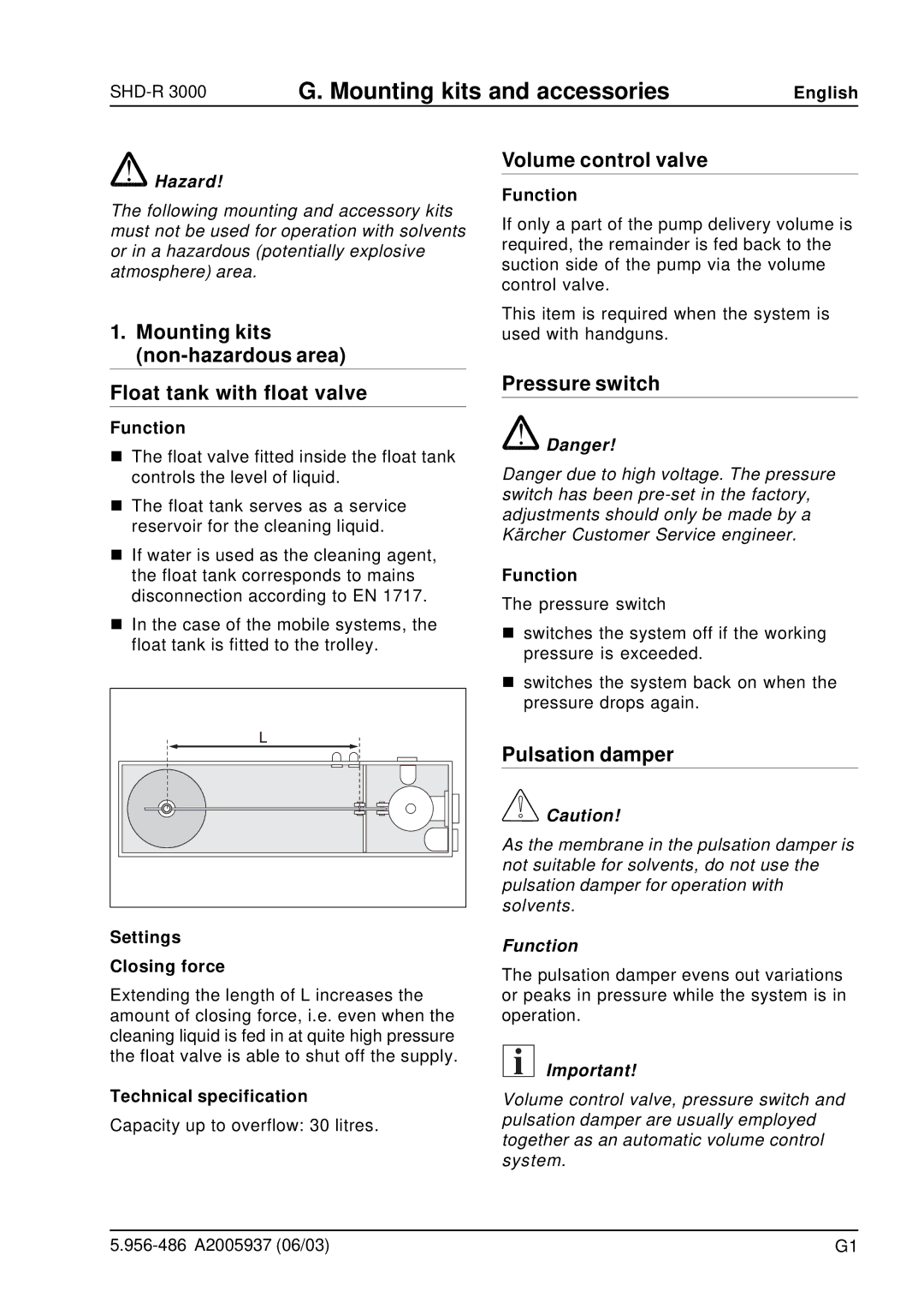 Karcher SHD-R 3000 manual Mounting kits and accessories, Volume control valve, Pressure switch, Pulsation damper 