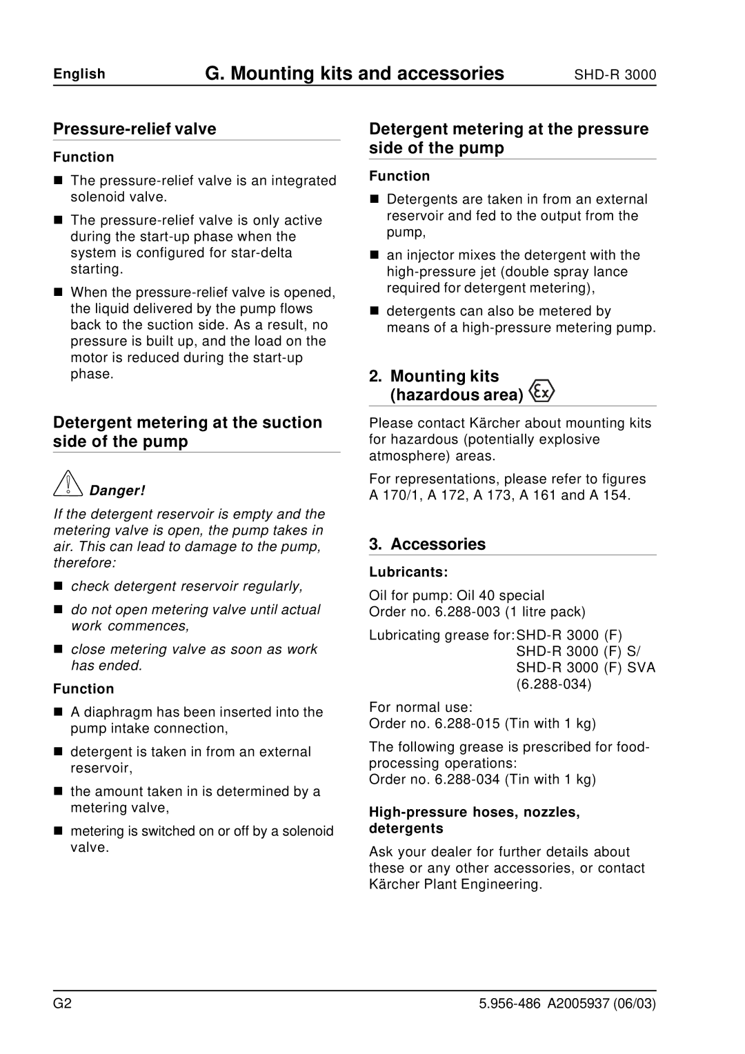 Karcher SHD-R 3000 Pressure-relief valve, Detergent metering at the suction side of the pump, Mounting kits hazardous area 