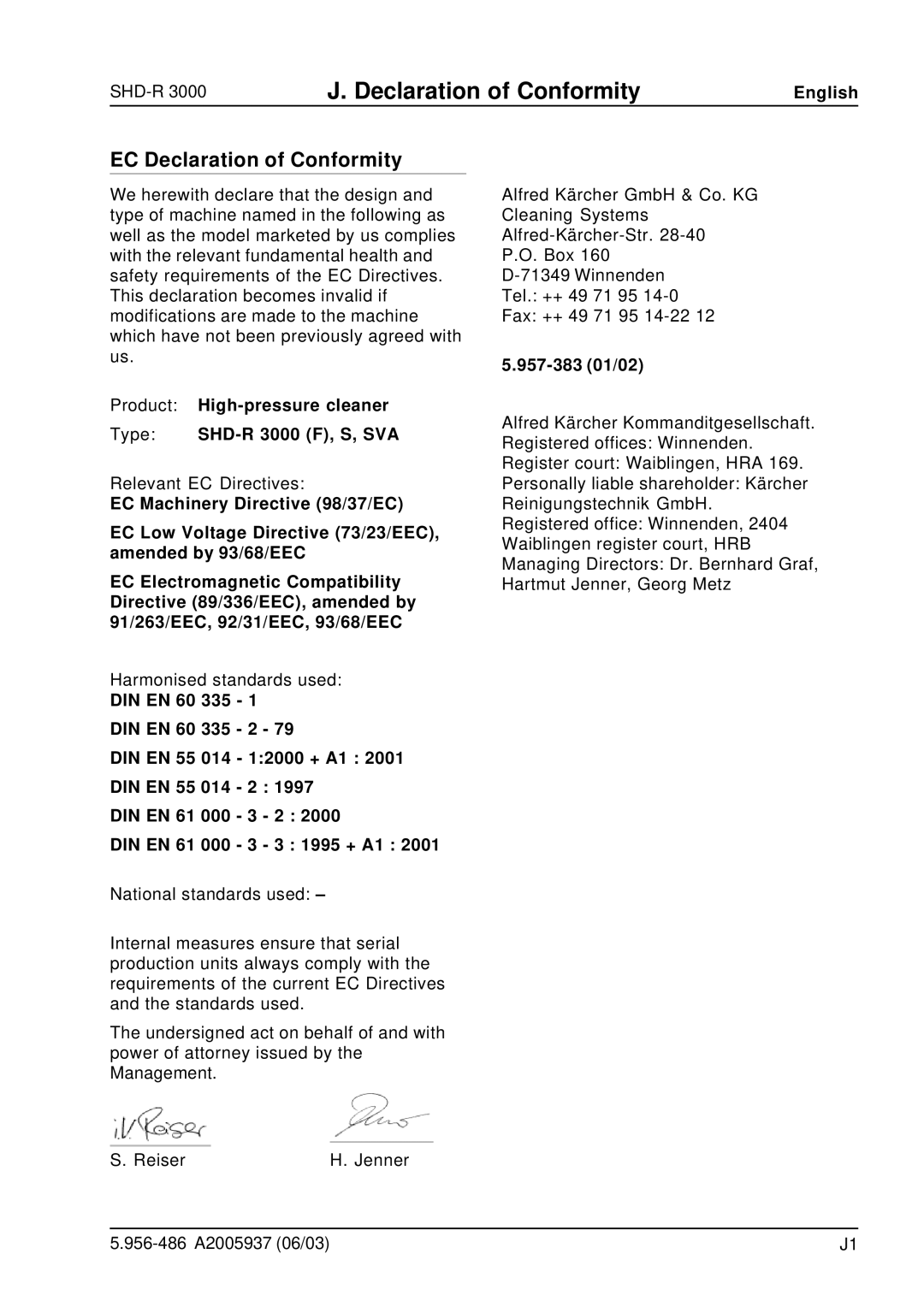 Karcher manual EC Declaration of Conformity, Product High-pressure cleaner Type SHD-R 3000 F, S, SVA, 957-383 01/02 