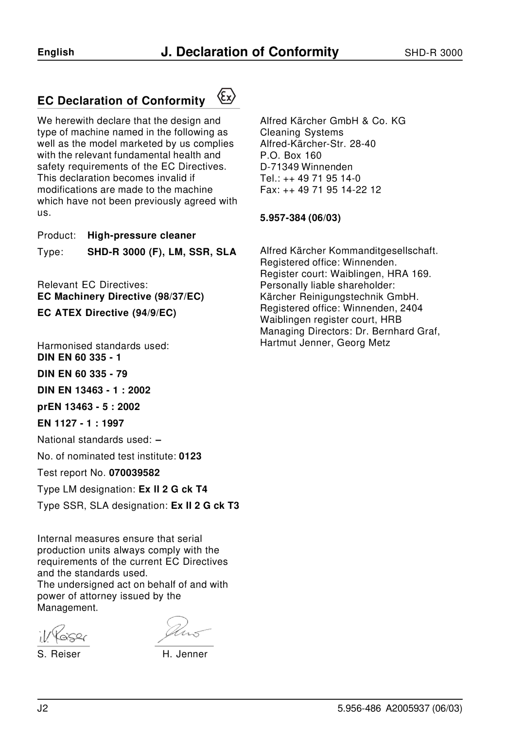 Karcher SHD-R 3000 manual EC Machinery Directive 98/37/EC EC Atex Directive 94/9/EC, 957-384 06/03 