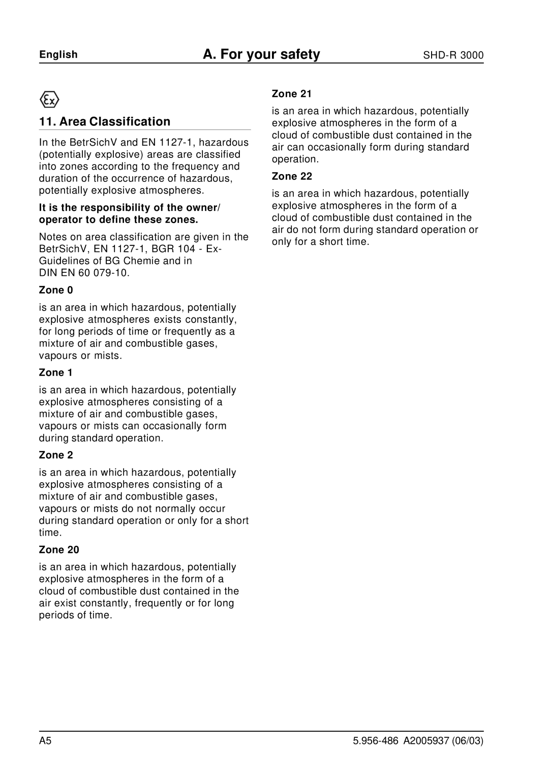 Karcher SHD-R 3000 manual Area Classification, Zone 