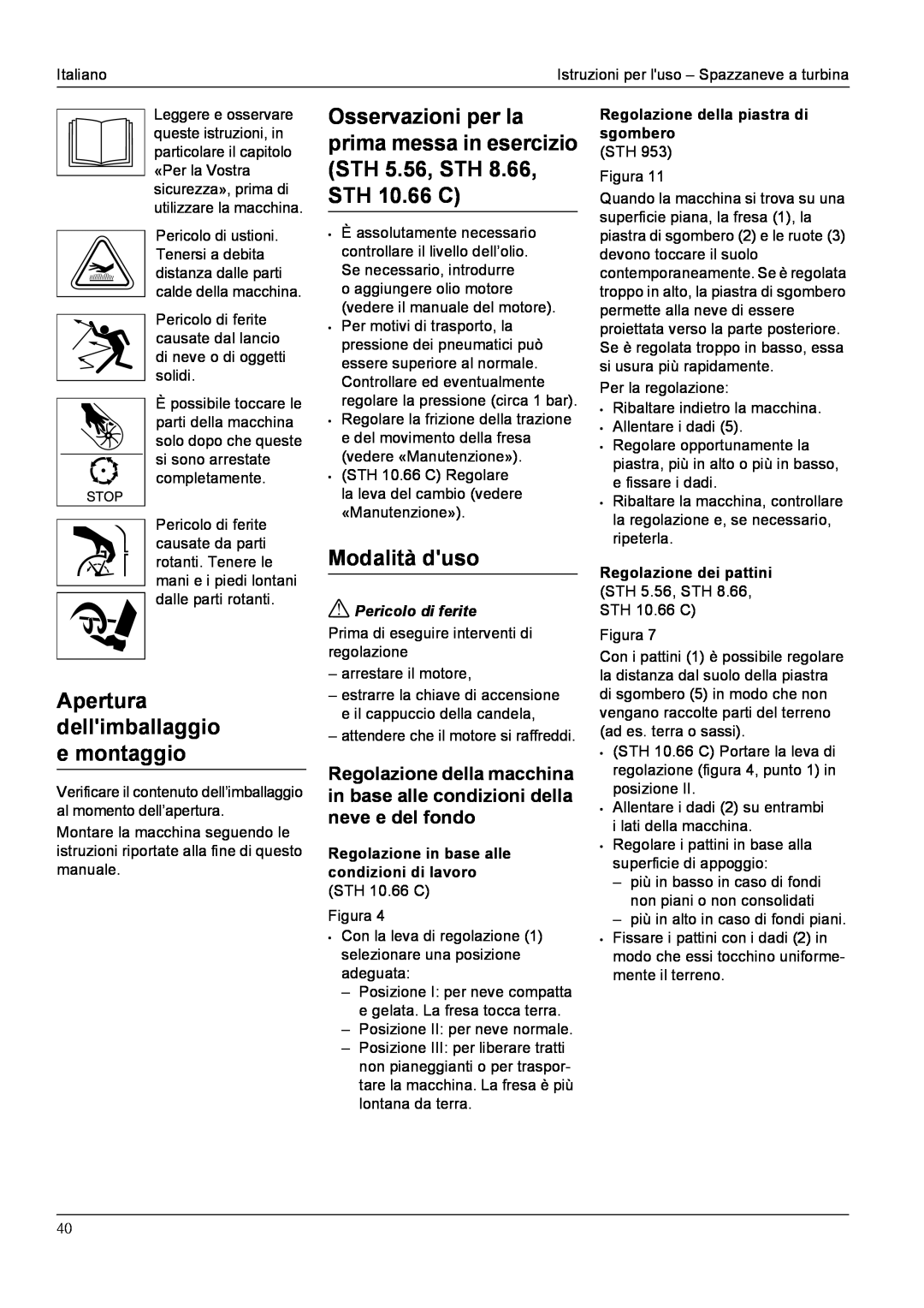 Karcher STH 5.56, STH 8.66, STH 10.66 C manual Apertura dellimballaggio e montaggio, Modalità duso, Pericolo di ferite 