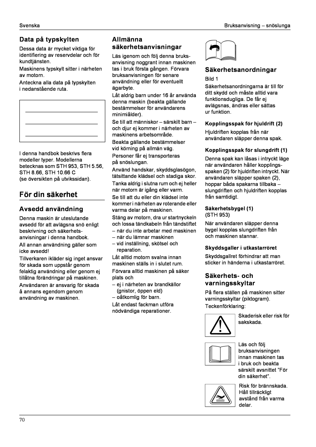 Karcher STH 5.56, STH 8.66 manual För din säkerhet, Data på typskylten, Avsedd användning, Allmänna säkerhetsanvisningar 