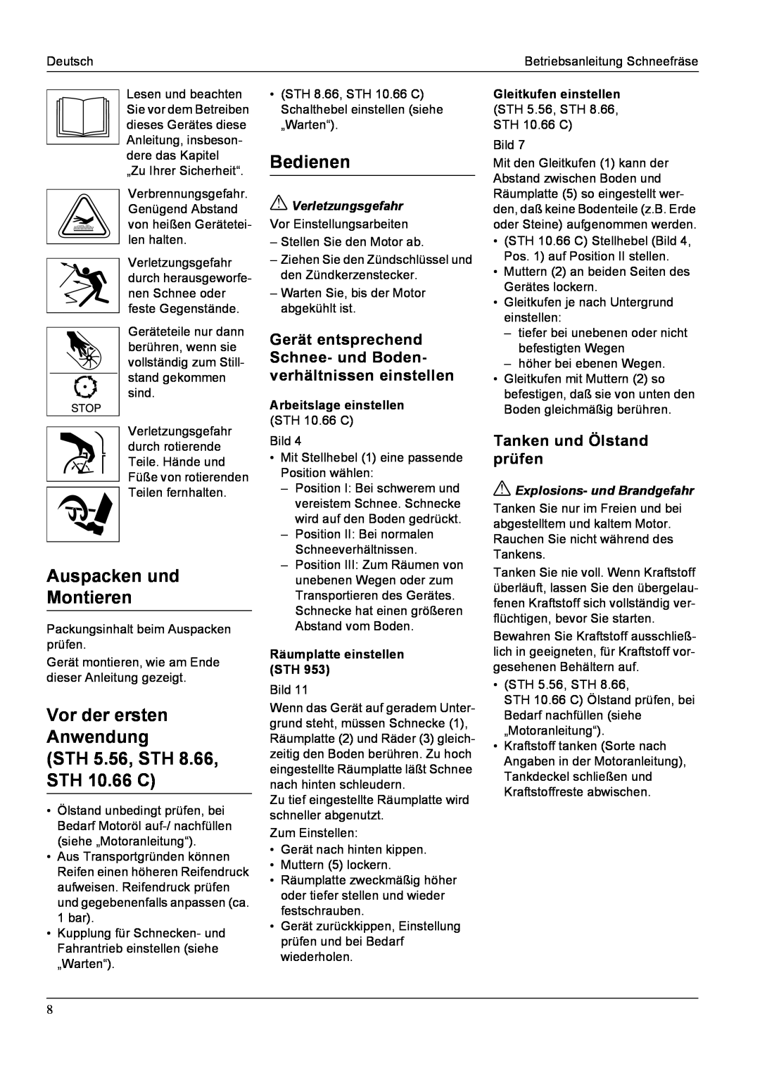 Karcher manual Auspacken und Montieren, STH 5.56, STH 8.66, STH 10.66 C, Bedienen, Vor der ersten Anwendung 