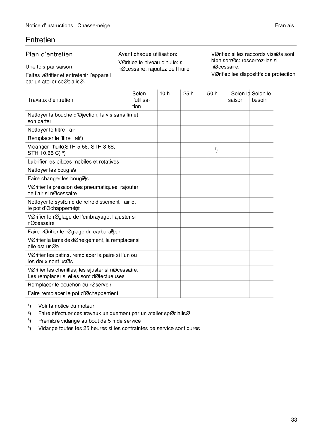 Karcher STH 8.66, STH 5.56 Entretien, Plan dentretien, Une fois par saison, Avant chaque utilisation, Travaux dentretien 