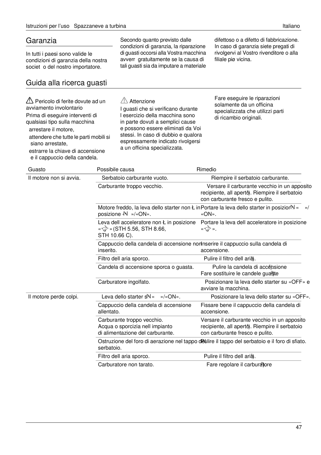 Karcher STH 10.66 C, STH 8.66 Garanzia, Guida alla ricerca guasti, Pericolo di ferite dovute ad un avviamento involontario 