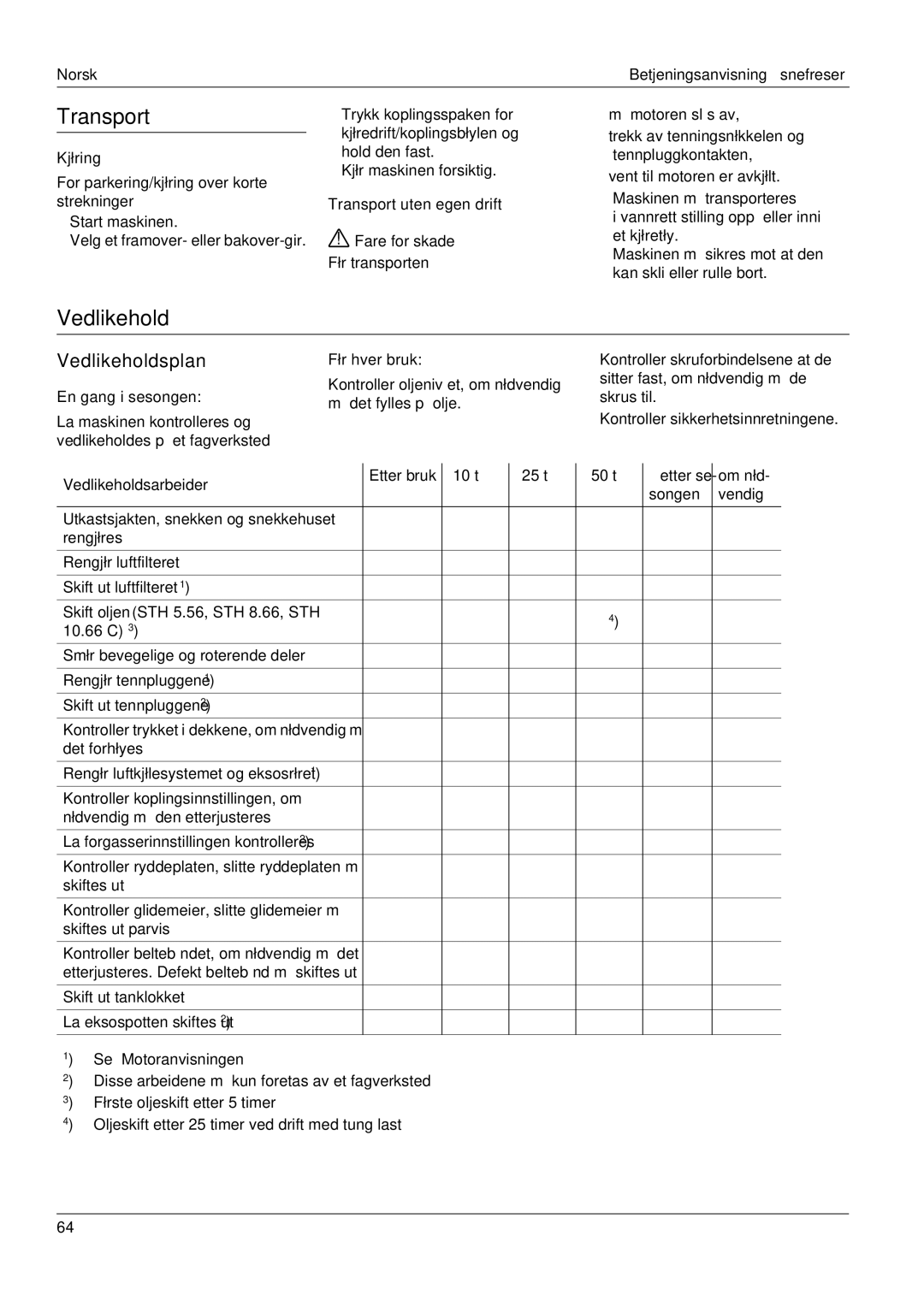 Karcher STH 5.56, STH 8.66, STH 10.66 C manual Vedlikeholdsplan, Fare for skade Før transporten 