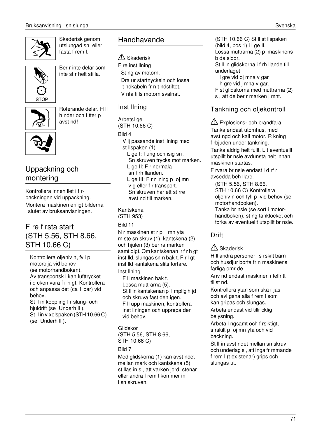 Karcher manual Handhavande, Uppackning och montering, Före första start STH 5.56, STH 8.66, STH 10.66 C 