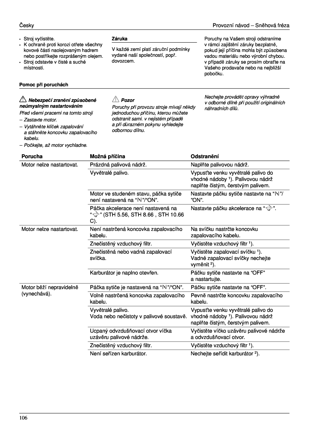 Karcher STH 953 manual Porucha, Možná příčina, Odstranění, Pomoc při poruchách, Záruka 