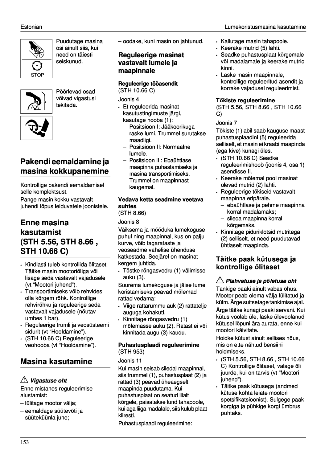 Karcher STH 953 manual Enne masina kasutamist STH 5.56, STH 8.66 , STH 10.66 C, Masina kasutamine, Vigastuse oht 
