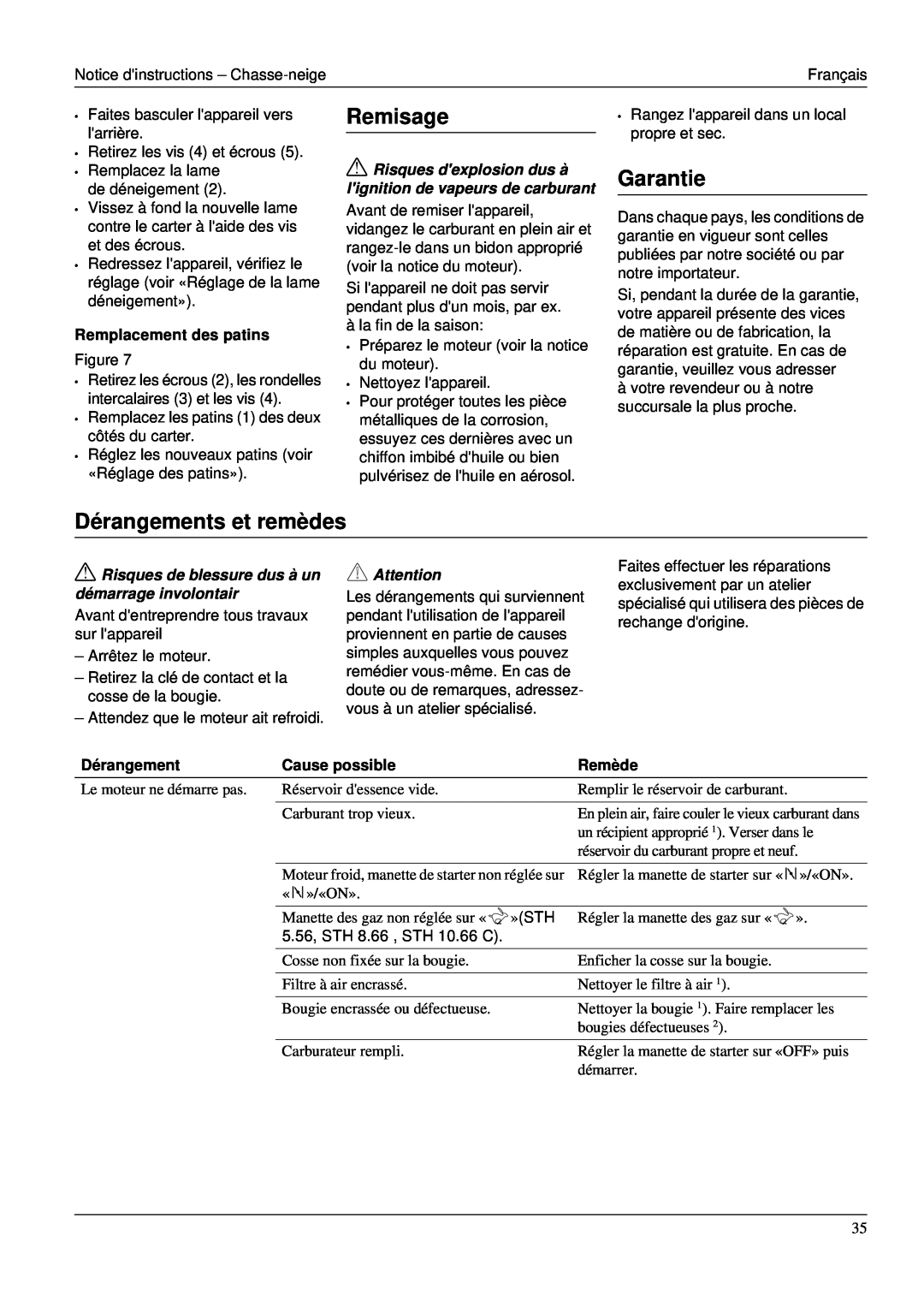 Karcher STH 953 manual Remisage, Dérangements et remèdes, Garantie, Remplacement des patins, Cause possible, Remède 