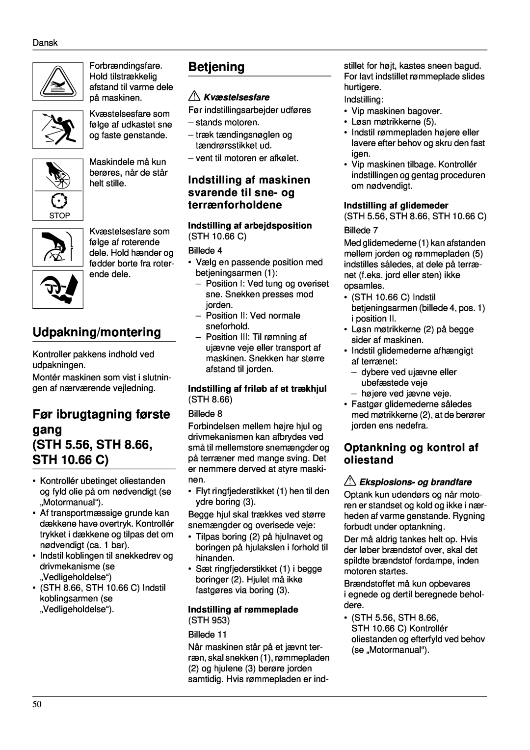 Karcher STH 953 manual Udpakning/montering, Før ibrugtagning første gang STH 5.56, STH 8.66, STH 10.66 C, Betjening 