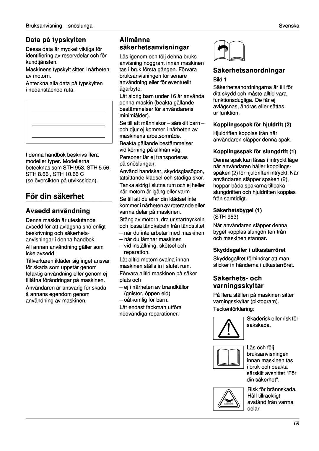 Karcher STH 953 manual För din säkerhet, Data på typskylten, Avsedd användning, Allmänna säkerhetsanvisningar 