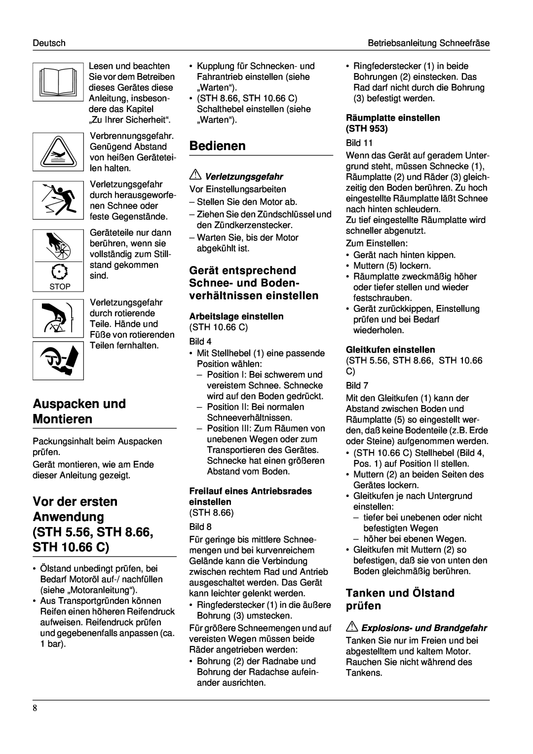 Karcher STH 953 manual Auspacken und Montieren, STH 5.56, STH 8.66, STH 10.66 C, Bedienen, Vor der ersten Anwendung 