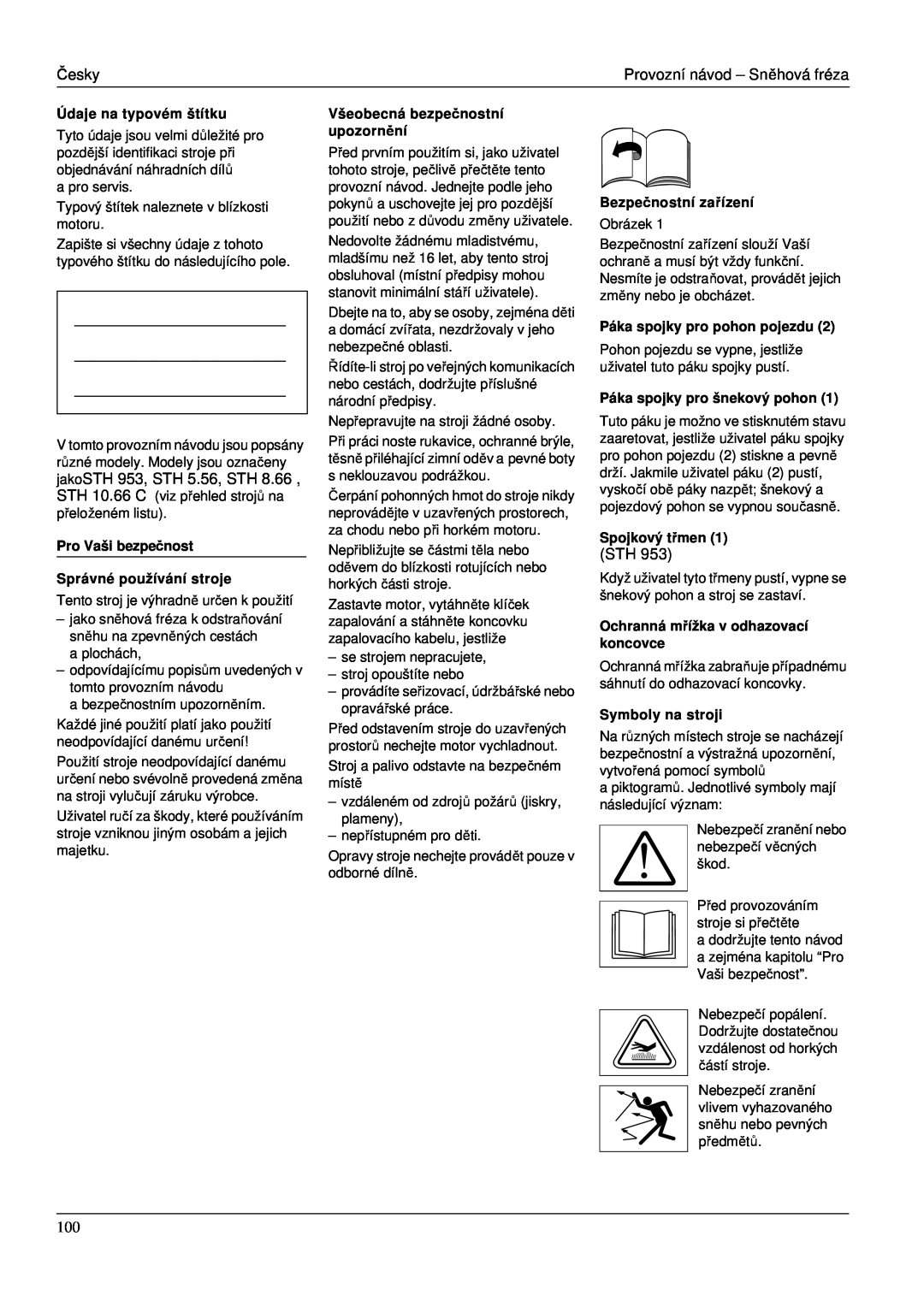 Karcher STH 953 Údaje na typovém štítku, Pro Vaši bezpe čnost Správné používání stroje, Všeobecná bezpečnostní upozornění 