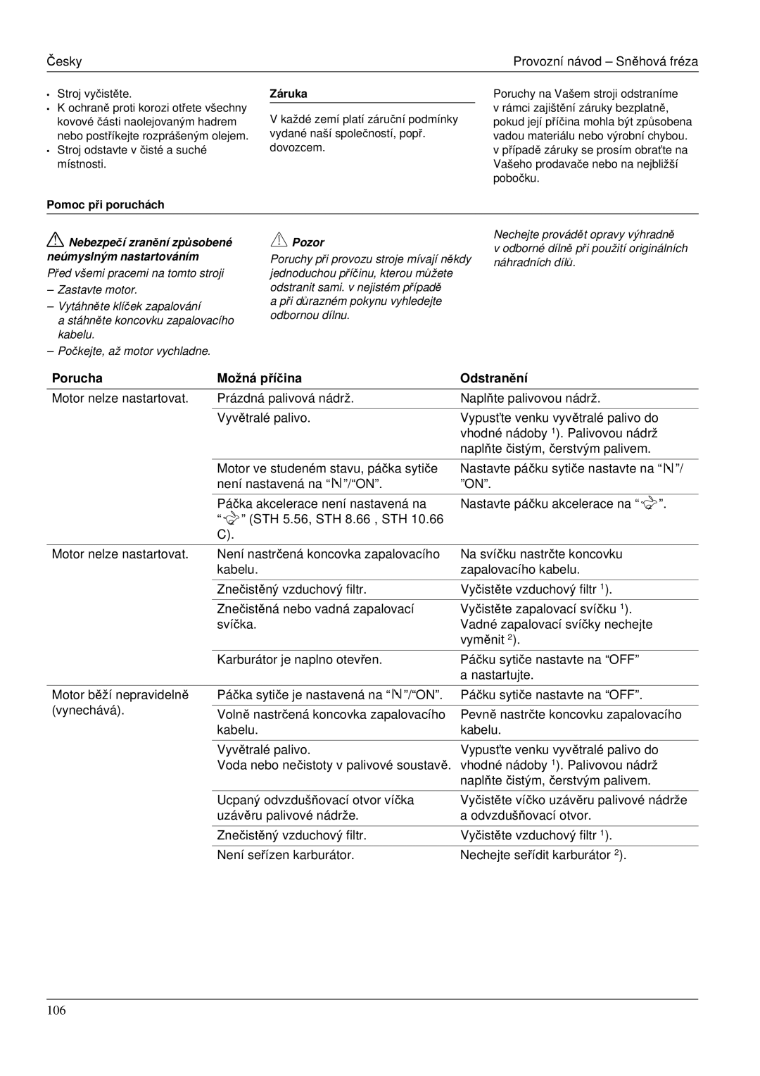 Karcher STH 953 manual Porucha Možná příčina Odstranění, Stroj vyčistěte 