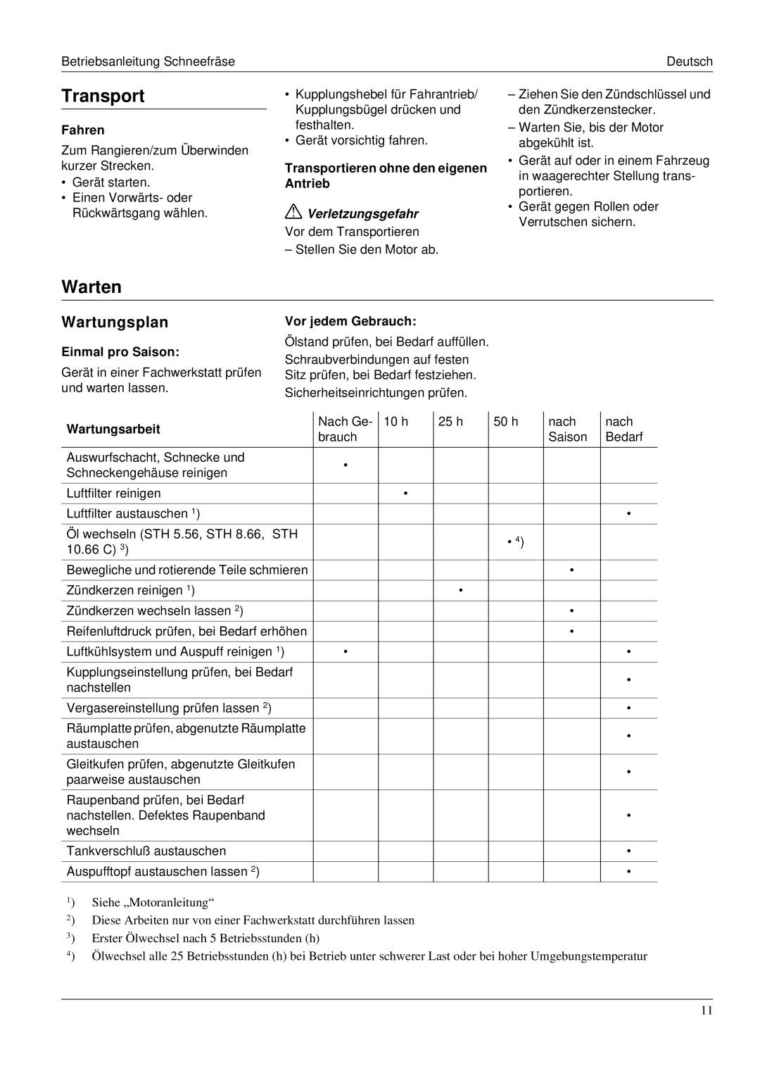 Karcher STH 953 manual Warten, Wartungsplan, Verletzungsgefahr Vor dem Transportieren 