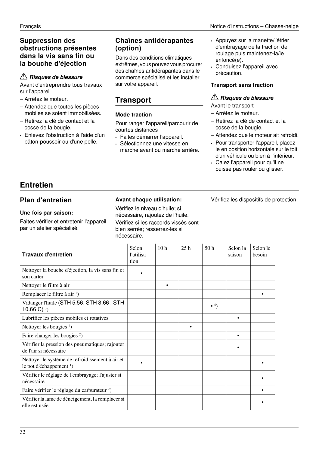 Karcher STH 953 manual Entretien, Chaînes antidérapantes option, Plan dentretien, Risques de blessure Avant le transport 