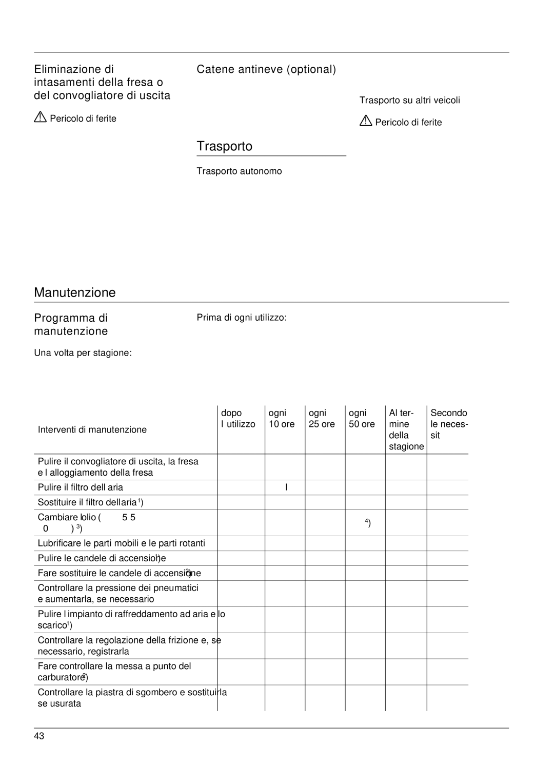 Karcher STH 953 manual Trasporto, Manutenzione, Catene antineve optional, Programma di manutenzione 