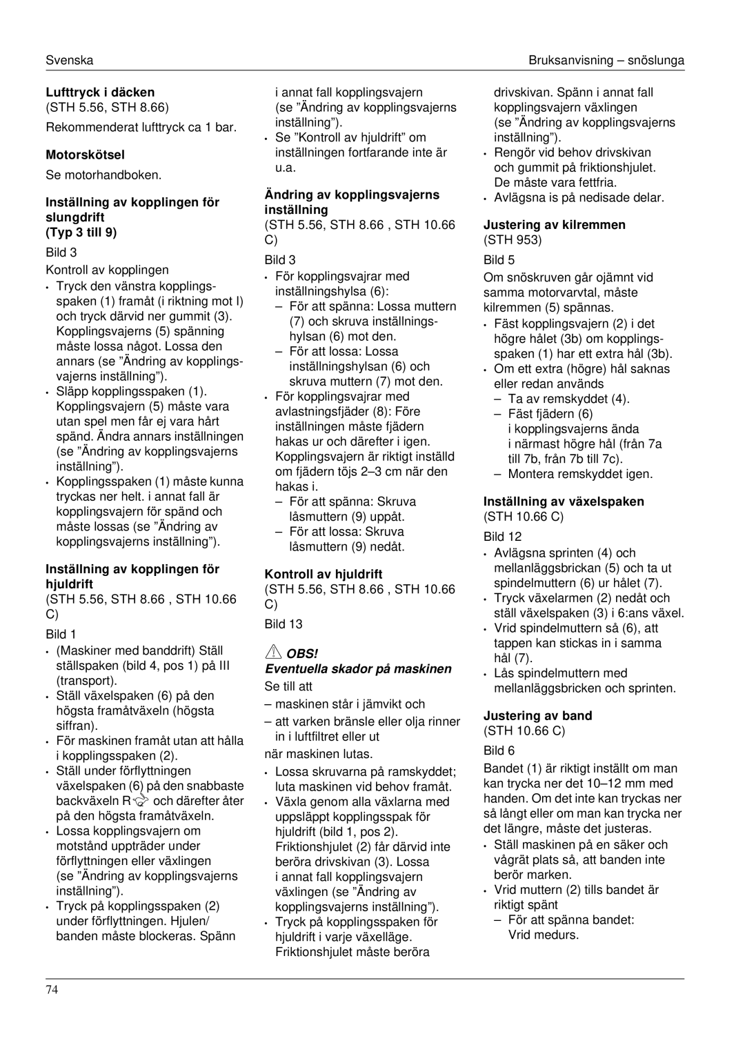 Karcher STH 953 manual Lufttryck i däcken STH 5.56, STH, Motorskötsel, Inställning av kopplingen för slungdrift Typ 3 till 