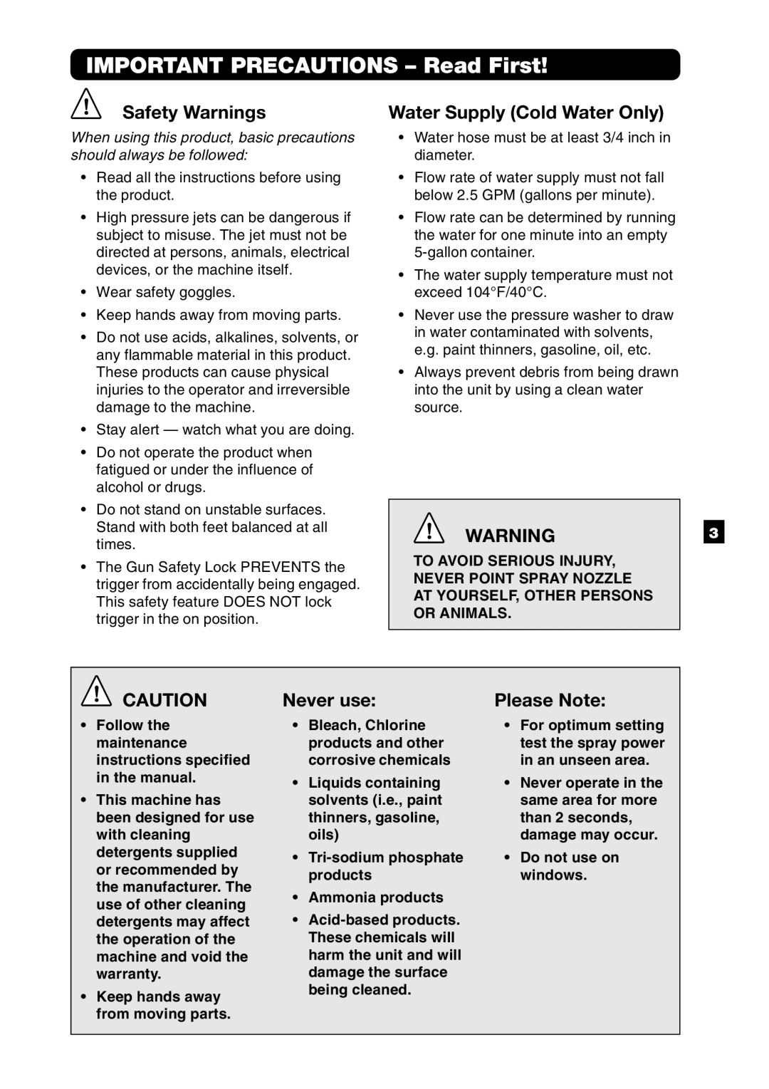 Karcher T-Racer, T 300 manual Safety Warnings, Never use, Please Note, Water Supply Cold Water Only 