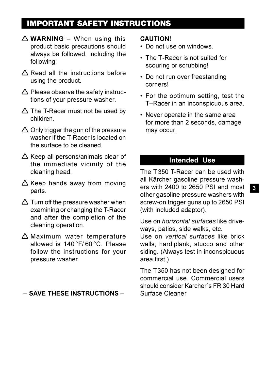 Karcher T350 T-Racer manual Important Safety Instructions 