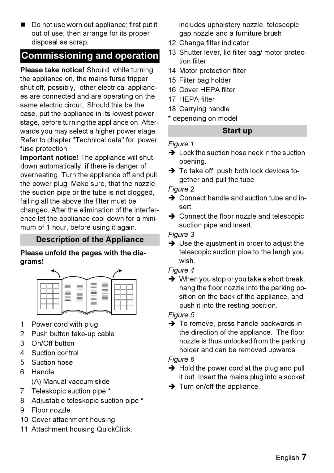 Karcher VC 6200 Commissioning and operation, Description of the Appliance, Start up, Turn on/off the appliance English 