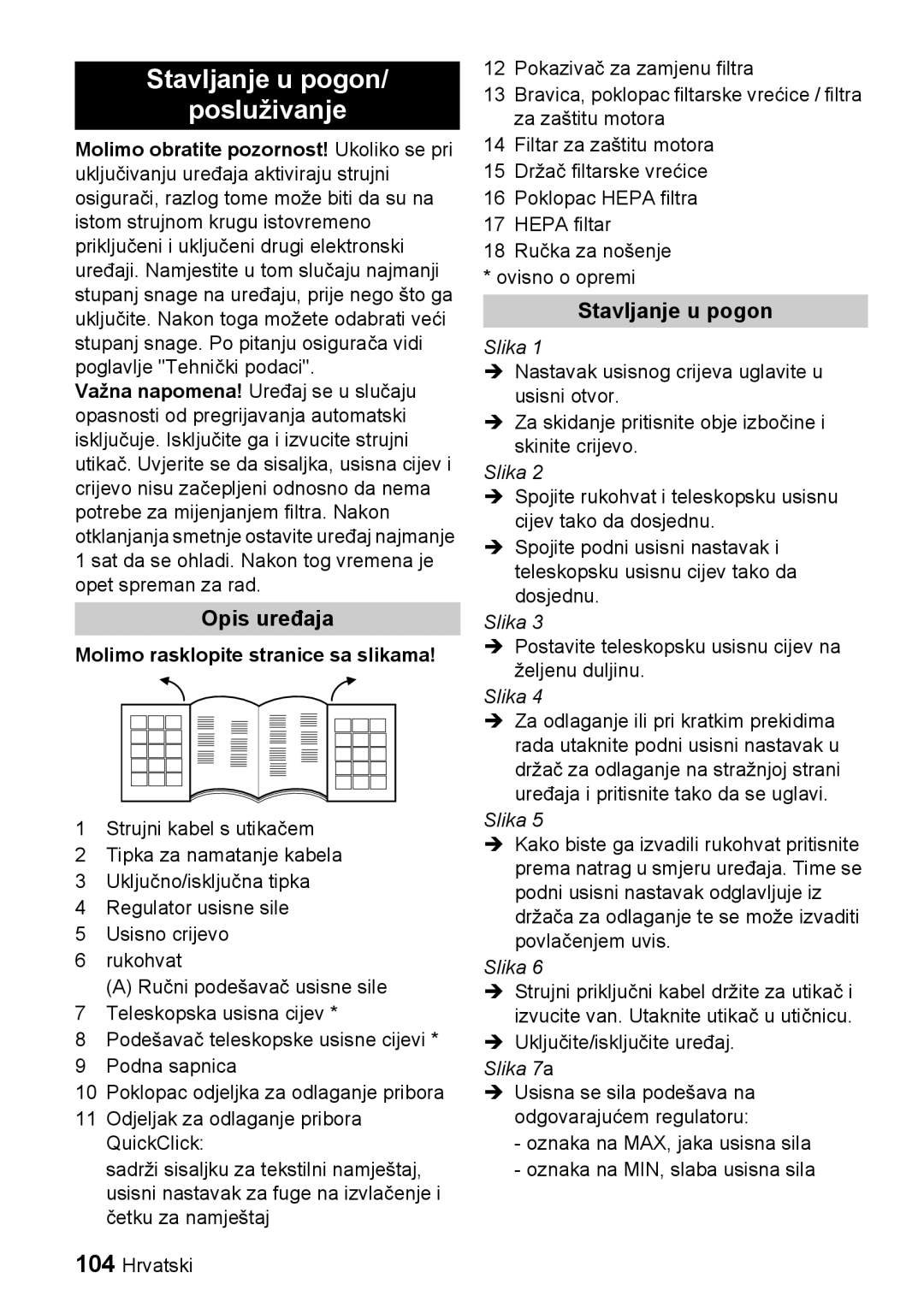 Karcher VC 6100, VC 6200 manual Stavljanje u pogon Posluživanje, Opis uređaja, Molimo rasklopite stranice sa slikama 