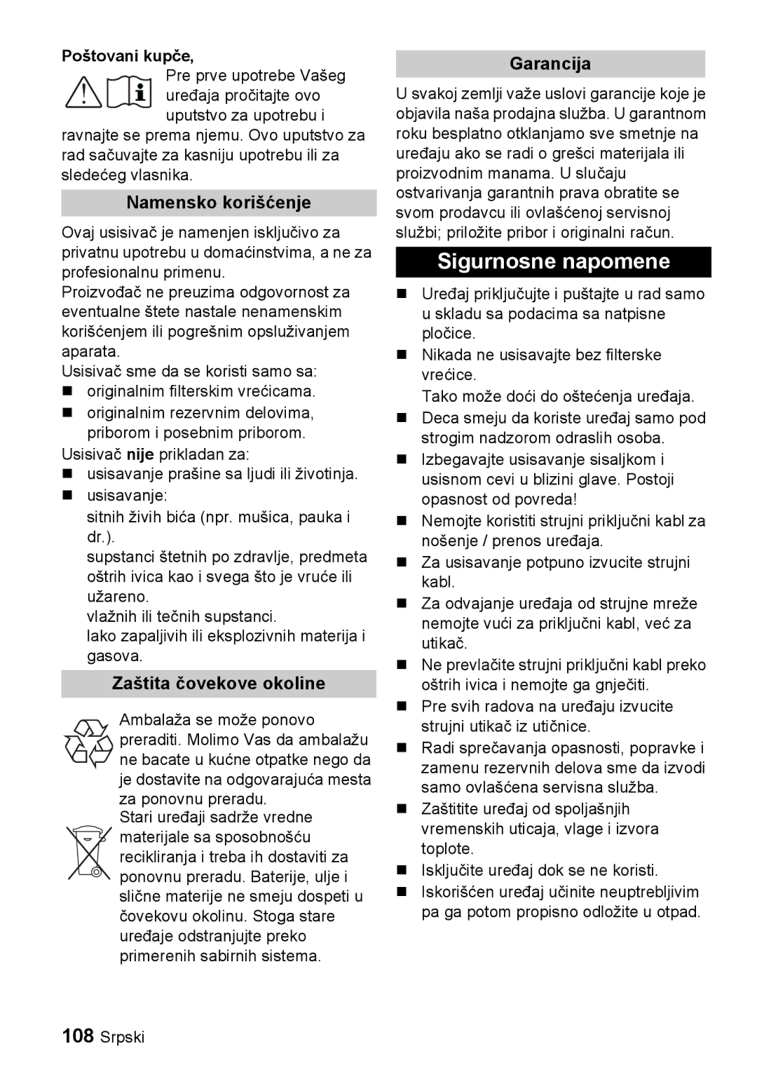 Karcher VC 6100, VC 6200 manual Sigurnosne napomene, Namensko korišćenje, Zaštita čovekove okoline, Poštovani kupče, Srpski 