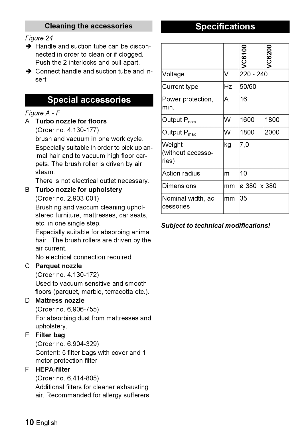 Karcher VC 6100, VC 6200 Special accessories, Specifications, Cleaning the accessories, Subject to technical modifications 