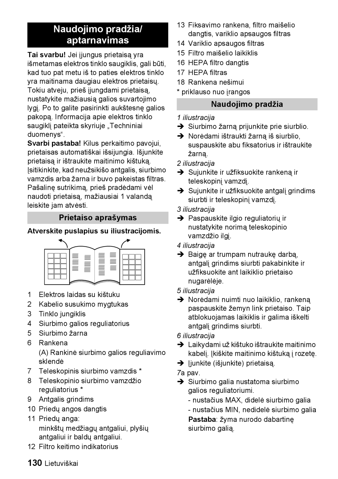 Karcher VC 6100 Naudojimo pradžia Aptarnavimas, Prietaiso aprašymas, Atverskite puslapius su iliustracijomis, Iliustracija 