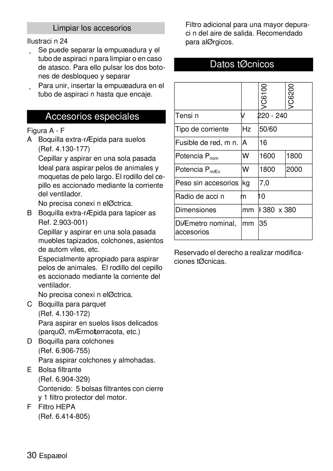 Karcher VC 6100, VC 6200 manual Accesorios especiales, Datos técnicos, Limpiar los accesorios 
