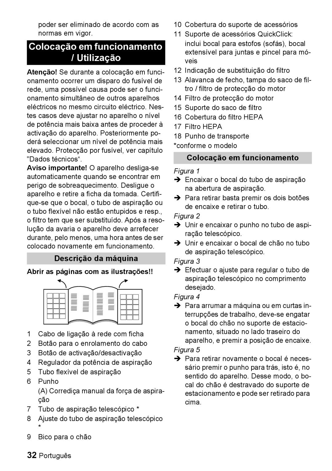 Karcher VC 6100, VC 6200 Colocação em funcionamento Utilização, Descrição da máquina, Abrir as páginas com as ilustrações 