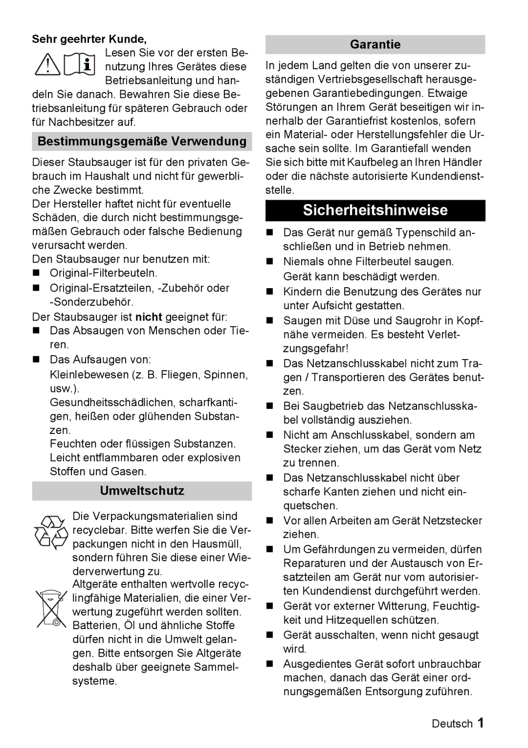 Karcher VC 6200, VC 6100 Sicherheitshinweise, Bestimmungsgemäße Verwendung, Umweltschutz, Garantie, Sehr geehrter Kunde 