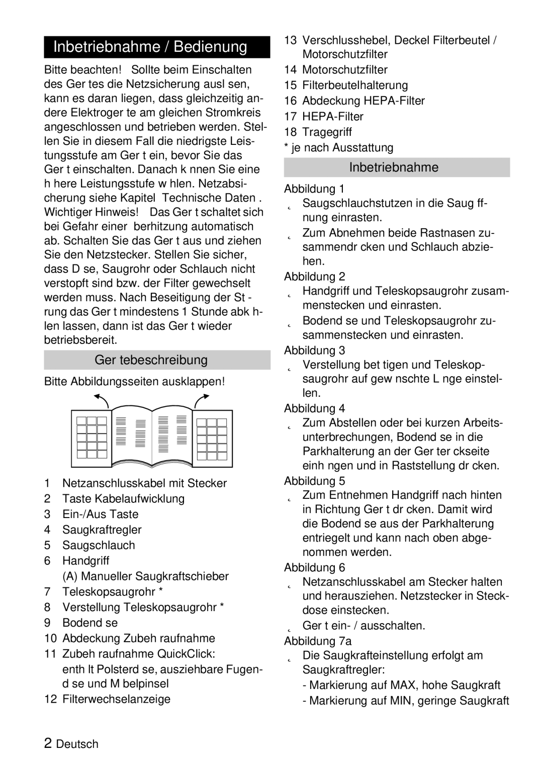 Karcher VC 6100, VC 6200 manual Inbetriebnahme / Bedienung, Gerätebeschreibung, Bitte Abbildungsseiten ausklappen 